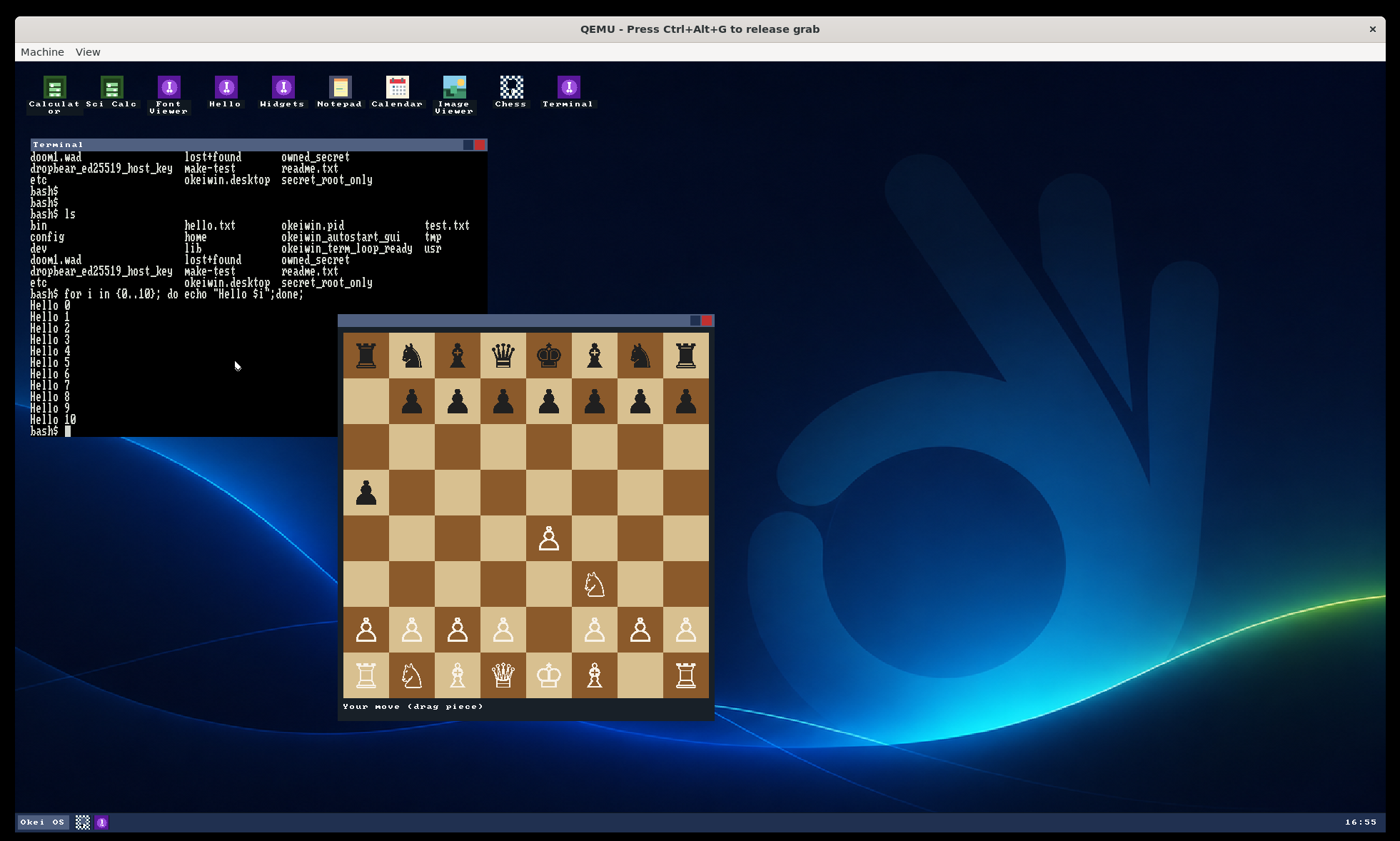 Okei OS desktop in QEMU: blue wallpaper with OK logo, application bar across the top, Terminal window listing files, Chess board with white pieces on the bottom and status text Your move (drag piece), and Okei OS panel with clock at the bottom