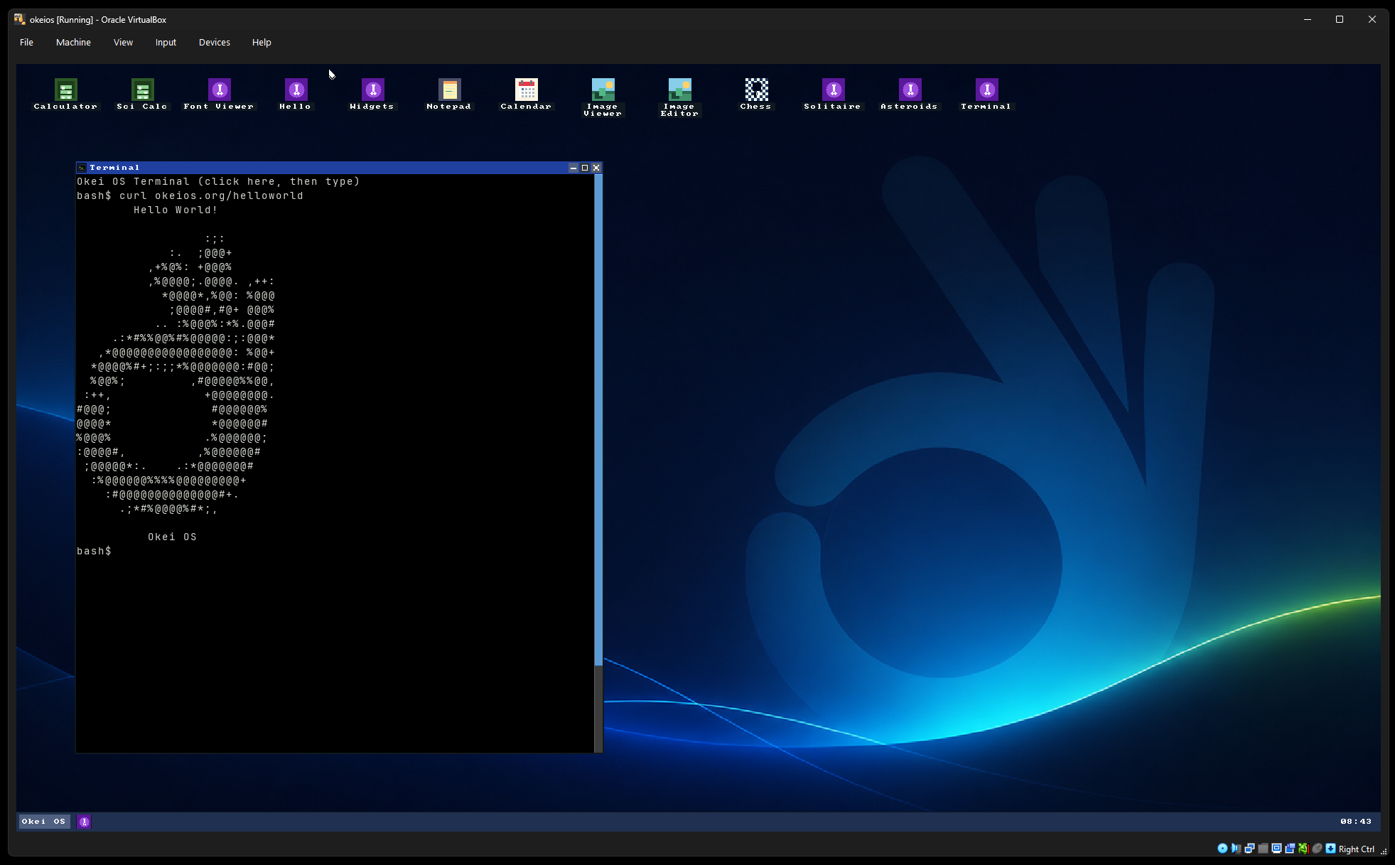 Oracle VirtualBox window titled okeios [Running]: Okei Desktop with app bar and Terminal; bash$ curl okeios.org/helloworld prints Hello World! and Okei OS ASCII art logo