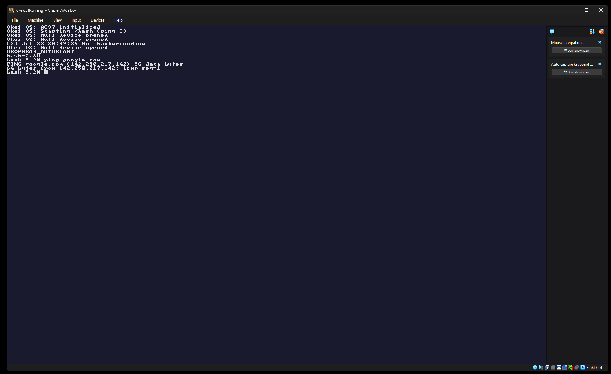 Oracle VirtualBox window titled okeios [Running]: dark-blue Okei console shows bash-5.2#, command ping google.com, PING google.com (142.250.217.142) 56 data bytes, and 64 bytes from 142.250.217.142: icmp_seq=1